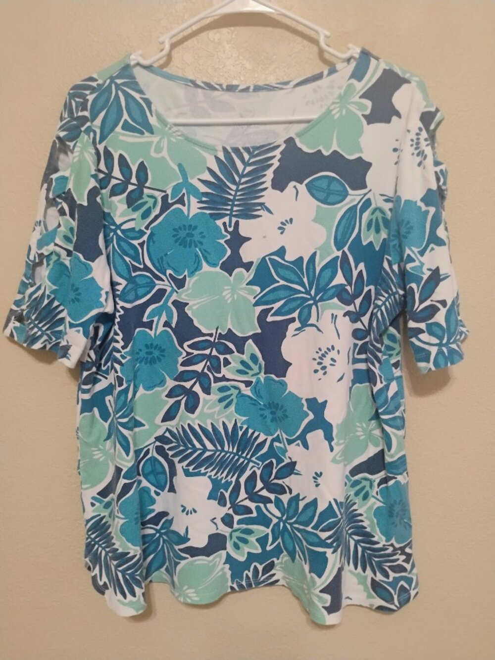 Ruby Rd Blue Tropical Floral Top L Casual Summer Blouse